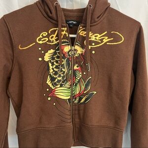 Ed Hardy Hoodie Womens Medium Brown Koi Fish Cropped Full Zip Sweatshirt Y2k